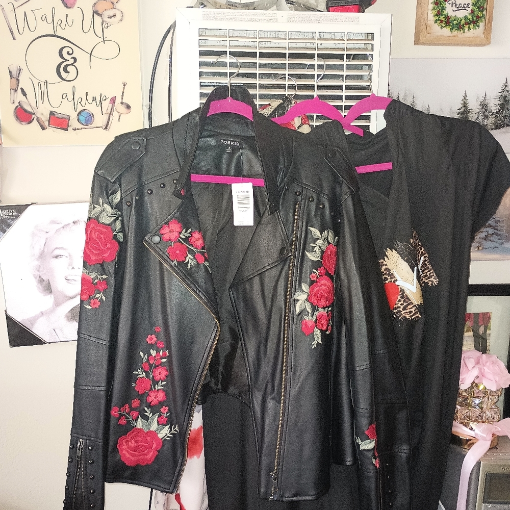 Torrid Black Leather Jacket with Red Floral Embroidery